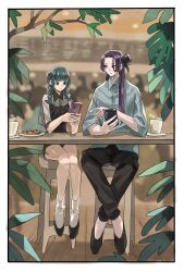1boy 1girl black_dress blunt_bangs braided_twintails closed_mouth commentary_request dress full_body green_hair hair_bun half_updo highres holding holding_phone jinshi_(kusuriya_no_hitorigoto) kusuriya_no_hitorigoto maomao_(kusuriya_no_hitorigoto) phone purple_hair see-through_clothes see-through_sleeves sidelocks sitting socks takeuchi_ryousuke white_socks
