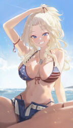 1girl american_flag american_flag_bikini american_flag_print arm_strap bare_shoulders belt bikini blonde_hair blue_eyes breasts denim denim_shorts dog_tags flag_print girls_und_panzer grin hair_intakes highleg highleg_panties highres kay_(girls_und_panzer) large_breasts long_hair looking_at_viewer mamaa_(maeni6379) no_shirt panties partially_unzipped print_bikini print_swimsuit shorts smile solo swimsuit underwear white_belt