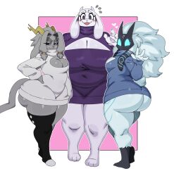 1girl :3 absurdres animal_ears antlers ass barefoot belly big_hair blue_eyes blush breasts cleavage cleavage_cutout clothing_cutout crossover curvy dress eric_lowery eyebrows eyelashes furry glowing glowing_eyes goat_ears goat_tail grey_hair hand_on_own_hip happy heart height_difference highres horns huge_ass huge_breasts kindred_(league_of_legends) large_breasts league_of_legends long_ears looking_at_viewer looking_back mask mature_female meme_attire nervous open-chest_sweater open_mouth plump pseudoregalia purple_eyes rabbit_ears short_hair simple_background smile smug standing sweater sweater_dress sybil_(pseudoregalia) thick_eyebrows thick_thighs thighhighs thighs toriel undertale waving white_hair wide_hips