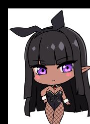 1girl animal_ear_hairband animal_ears arm_at_side black_hair black_hairband black_leotard black_pantyhose blunt_bangs blush breasts chibi chibi_only cleavage closed_mouth covered_navel dark-skinned_female dark_elf dark_skin deformed derauea detached_collar elf fake_animal_ears fishnet_pantyhose fishnets frown game_cg hairband hand_on_own_hip highleg hime_cut large_breasts leotard long_hair long_pointy_ears long_sidelocks looking_at_viewer motto!_haramase!_honoo_no_oppai_isekai_oppai_bunny_gakuen! navel necktie non-web_source official_art pantyhose playboy_bunny pointy_ears purple_eyes rabbit_ear_hairband rabbit_ears raelda_le_failda red_necktie shoes sidelocks solo star_(symbol) star_in_eye strapless strapless_leotard symbol_in_eye transparent_background white_wrist_cuffs wrist_cuffs