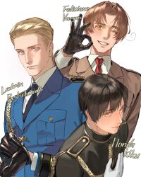 3boys ahoge artist_name axis_powers_hetalia black_gloves black_hair black_jacket black_necktie blonde_hair blue_eyes blue_jacket breast_pocket brown_hair brown_jacket character_name chinese_commentary closed_mouth collared_shirt commentary_request formal_clothes germany_(hetalia) gloves hand_on_own_chest hand_up highres jacket japan_(hetalia) lapels leather leather_gloves long_sleeves looking_at_viewer male_focus military_jacket military_uniform multiple_boys necktie northern_italy_(hetalia) one_eye_closed parted_bangs pocket red_necktie shirt short_hair simple_background smile suit suit_jacket teeth upper_body white_background white_gloves white_shirt yellow_eyes zhongerweiyuan