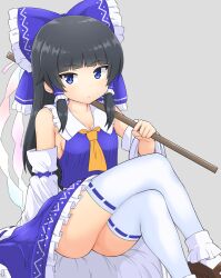 1girl alternate_color ascot black_hair blue_bow blue_eyes blue_skirt bobby_socks bow breasts cleavage closed_mouth commentary crossed_legs detached_sleeves frilled_bow frilled_hair_tubes frills gohei hair_bow hair_tubes hakurei_reimu highres holding holding_gohei large_variant_set long_hair looking_at_viewer minatsuki_9 player_2 ribbon-trimmed_sleeves ribbon_trim shoes sideboob sitting skirt skirt_set socks solo thighhighs thighs touhou variant_set white_socks white_thighhighs