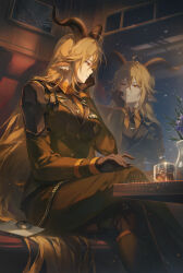 1girl animal_ears arknights black_gloves black_jacket black_necktie black_pants blonde_hair crossed_legs degenbrecher_(arknights) gloves goat_ears goat_girl goat_horns hair_between_eyes hand_on_own_cheek hand_on_own_face helen_zzhao highres horns indoors jacket long_hair necktie orange_eyes orange_shirt pants parted_lips shirt sitting solo