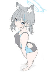 1girl animal_ear_fluff animal_ears barefoot black_one-piece_swimsuit blue_archive blue_eyes blue_halo blush breasts bright_pupils closed_mouth commentary competition_swimsuit cross cross_hair_ornament earrings extra_ears flat_color foreshortening from_above from_side grey_hair hair_ornament halo highres inverted_cross jewelry leaning_forward looking_at_viewer low_ponytail medium_breasts mismatched_pupils multicolored_swimsuit official_alternate_costume one-piece_swimsuit petite ponytail shiroko_(blue_archive) shiroko_(swimsuit)_(blue_archive) short_hair simple_background solo standing stud_earrings swimsuit t1kosewad white_background white_pupils wolf_ears wolf_girl
