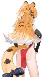1girl absurdres animal_ears ass back bare_shoulders black_gloves blonde_hair blush breasts china_dress chinese_clothes colored_inner_hair dress elbow_gloves fingerless_gloves gloves green_eyes half_updo highres ju_fufu long_hair looking_at_viewer looking_back multicolored_hair pelvic_curtain red_dress skai_kun small_breasts solo striped_hair tail thighs tiger_ears tiger_girl tiger_tail white_hair zenless_zone_zero