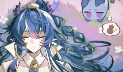 Rule 34 | 1girl, arknights, blue hair, chinese commentary, closed eyes, commentary request, detached collar, dragon bubble (arknights), dragon girl, dragon horns, earrings, facing viewer, hair between eyes, highres, horns, jewelry, ling (arknights), long hair, lying, multicolored hair, on back, parted lips, pink hair, pointy ears, portrait, shang ge promax, sleeping, solo, streaked hair