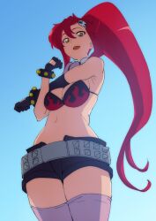 absurdres armpits bare_shoulders belt bikini bikini_top_only bracelet breasts cross-body_stretch flame_print from_below gloves hair_ornament high_ponytail highres jewelry leather_shorts looking_at_viewer navel ookinaomune pink_socks ponytail red_hair scarf sidelocks simple_background skull_hair_ornament socks striped_clothes striped_scarf studded_belt studded_bracelet swimsuit tengen_toppa_gurren_lagann vertical-striped_clothes vertical-striped_scarf yellow_eyes yoko_littner