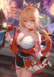 1girl absurdres arayuki_(sakurafubuki) arm_tattoo bandaged_arm bandaged_leg bandages bare_shoulders blonde_hair breasts butterfly_choker chest_sarashi chest_tattoo choker cleavage fireworks fish_tattoo flower_tattoo genshin_impact hair_ornament highres holding_candy_apple japanese_clothes kimono large_breasts long_hair looking_at_viewer night orange_kimono ponytail red_choker sarashi smile solo tattoo yellow_eyes yoimiya_(genshin_impact)