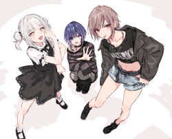 3girls :p belt black_belt black_choker black_dress black_jacket black_shirt black_shoes blue_shorts breasts brown_hair bullfalk choker crop_top cropped_shirt d4dj double_bun dress elsie_(d4dj) full_body hair_bun jacket long_belt looking_at_viewer mary_janes medium_breasts midriff multiple_girls navel open_clothes open_jacket orange_eyes pinafore_dress purple_eyes purple_hair purple_shirt shirt shoes short_dress short_shorts shorts sleeveless sleeveless_dress socks sophia_(d4dj) squatting standing striped_clothes striped_shirt tongue tongue_out weronika_(d4dj) white_hair white_socks