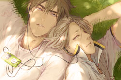 Rule 34 | 19 tian, 2015, 2boys, blonde hair, blue eyes, buttons, collared shirt, digital media player, earphones, jian yi, lips, lying, male focus, multiple boys, nose, on back, on grass, on ground, pocket, shared earphones, shirt, short hair, signature, teeth, umary, upper body, white shirt, zhan zheng xi