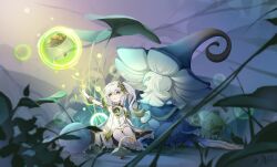 1girl absurdres bracelet cross-shaped_pupils fungi_(genshin_impact) genshin_impact gradient_hair green_eyes green_hair hair_ornament highres jewelry leaf_hair_ornament misansan multicolored_hair nahida_(genshin_impact) pointy_ears side_ponytail sidelocks symbol-shaped_pupils white_hair