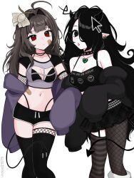 2girls ahoge animal animal_on_head bags_under_eyes bandaid bandaid_on_cheek bandaid_on_face black_bra black_eyes black_hair black_shirt black_shorts black_skirt black_thighhighs bra breasts brown_hair bug cable cable_tail character_request cleavage_cutout clothing_cutout cosplay costume_switch cropped_shirt cursor cursor_hair_ornament demon_girl demon_horns demon_tail electric_plug electric_plug_tail feet_out_of_frame hair_intakes hair_ornament hair_over_one_eye heart heart_necklace highres horns insect jacket jewelry long_hair long_sleeves looking_at_viewer mechanical_tail medium_breasts midriff miniskirt mole mole_under_eye moth multiple_girls navel necklace off_shoulder on_head one_eye_covered open_clothes open_jacket original pantyhose pointy_ears red_eyes shirt short_shorts shorts skirt sleeves_past_fingers sleeves_past_wrists spaghetti_strap standing tail thighhighs underwear vickie_(cryingrobot) vickie_(cryingrobot)_(character) white_background you_are_an_idiot_(virus)
