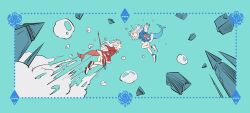 2girls air_bubble alternate_color battle blue_eyes blue_hair blue_hoodie blue_tail bubble fins fish_tail gawr_gura gawr_gura_(1st_costume) highres holding holding_polearm holding_weapon hololive hololive_english hood hoodie hyde_(tabakko) multicolored_hair multiple_girls polearm red_eyes red_hair red_hoodie red_tail reflect_(gawr_gura) shark_girl shark_tail simple_background streaked_hair tail trident two-tone_hair underwater virtual_youtuber weapon