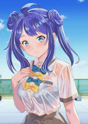 1girl ahoge alternate_hairstyle blue_bow blue_bowtie blue_bra blue_eyes blue_hair blue_sky blush bow bowtie bra bra_visible_through_clothes breasts closed_mouth collared_shirt commentary_request day grey_skirt hand_on_own_chest highres kousan large_breasts looking_at_viewer make_heroine_ga_oo_sugiru! medium_hair outdoors pleated_skirt school_uniform see-through_clothes see-through_shirt shirt shirt_tucked_in skirt sky solo tsuwabuki_high_school_uniform twintails underwear upper_body wet wet_clothes wet_shirt white_bow white_bowtie white_shirt yanami_anna