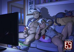 1boy 1girl al_folo baseball_cap burnet_(pokemon) clothes_pull couch covered_erect_nipples dark_skin female_masturbation fingering gen_7_pokemon hat husband_and_wife kukui_(pokemon) lab_coat litten male_masturbation masturbation night nintendo pants pants_pull penis pillow pokemon pokemon_(creature) pokemon_sm pubic_hair pussy sleeping smile television uncensored white_hair window