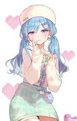 1girl blue_hair blush charm_(object) chase_my_ideal_idol!_(project_sekai) corset cross-laced_clothes dress fur_hat green_dress hair_ornament hat heart heart_background heart_hair_ornament highres hinomori_shizuku jacket looking_at_viewer mole mole_under_mouth official_alternate_costume official_alternate_hairstyle papakha parted_lips project_sekai sleeves_past_wrists smile solo twintails uminokaisen white_hat white_jacket