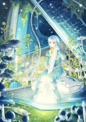 1girl artist_name boots computer computer_keyboard computer_mouse drawing_tablet dress female_focus fern gloves instrument keyboard lace-up_boots military military_uniform mini_person minigirl mousepad_(object) mushroom pen plant platform_boots platform_footwear red_eyes scarf scenery silk solo spider_web stylus usb white_gloves white_hair yue_natsuki