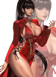 1girl breasts brown_eyes brown_hair earrings eve_(stellar_blade) female_focus highres jewelry kittymiya large_breasts lips long_hair ponytail simple_background standing stellar_blade thighs white_background