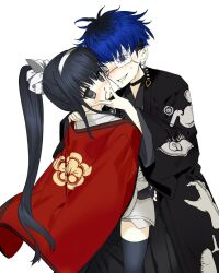 1boy 1girl black_eyes black_hair blood blue_eyes blue_hair blush caressing_cheek earrings face_piercing japanese_clothes jewelry lip_piercing long_hair looking_at_another magadori_kyoshika messy_hair multicolored_hair nosebleed omokage_yugamu open_mouth piercing ponytail simple_background smile teeth the_hundred_line_-last_defense_academy- thighhighs turning_around turning_head white_background
