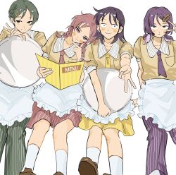 4girls apron black_hair braid breast_pocket brown_shoes closed_mouth commentary_request contrast_collar employee_uniform frilled_apron frills fujii_ayame futsuu_no_keion-bu green_pants gyaru_v hair_ornament hairclip hatono_chihiro head_on_another&#039;s_shoulder heartbreak_(futsuu_no_keion-bu) highres holding holding_apron holding_menu kouyama_rin leaning_on_person loafers menu multiple_girls necktie official_alternate_costume pants pocket puffy_short_sleeves puffy_sleeves purple_eyes purple_hair purple_necktie purple_pants qrioic74 red_eyes red_hair red_necktie red_pants sanpaku shoes short_sleeves short_twintails simple_background sitting skirt smile socks striped_clothes striped_collar striped_pants striped_skirt striped_sleeve_cuffs twin_braids twintails uchida_momo v v_over_eye vertical-striped_clothes vertical-striped_pants vertical-striped_skirt waist_apron waitress white_apron white_background white_socks yellow_necktie yellow_skirt
