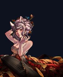 1girl absurdres animal_ears arm_up armpit_crease bare_shoulders black_nails breasts canisalpine cleavage dark_background facial_mark fox_ears fox_girl gayageum_(instrument) hair_ornament hairpin highres korean_clothes large_breasts mixed-language_commentary multiple_hairpins nijisanji nijisanji_en nina_kosaka parted_lips red_eyes simple_background solo virtual_youtuber