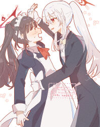 2girls absurdres alternate_costume alternate_hairstyle apron artist_name back_bow black_dress black_hair blue_archive blunt_bangs blush bow braid butler commentary_request cowboy_shot dancing dress embarrassed enmaided eye_contact eyes_visible_through_hair film_grain from_side fuuka_(blue_archive) hair_bow halo haruna_(blue_archive) highres holding_hands interlocked_fingers juliet_sleeves kuritiizu long_hair long_sleeves looking_at_another maid maid_apron maid_headdress multiple_girls open_mouth ponytail profile puffy_sleeves red_eyes red_halo sidelocks simple_background single_braid smile straight_hair sweatdrop tsurime tuxedo twintails v-shaped_eyebrows very_long_hair white_apron white_background white_bow white_hair wide-eyed yellow_bow yuri