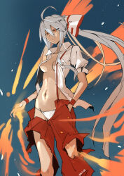 Rule 34 | 1girl, absurdres, bow, breasts, collared shirt, fire, fujiwara no mokou, hair bow, hand in pocket, highres, kakaricho dairi, long hair, medium breasts, midriff, navel, open clothes, open shirt, orange eyes, outdoors, panties, pants, ponytail, pyrokinesis, red bow, red pants, red suspenders, shirt, short sleeves, solo, stomach, torn clothes, torn pants, torn shirt, touhou, two-tone bow, underwear, white bow, white panties