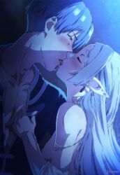 1girl 2boys artist_name blue_eyes blue_hair blue_tunic blush cloak closed_eyes commentary dress earrings elf english_commentary french_kiss frieren half-closed_eyes hetero highres himmel_(sousou_no_frieren) indoors jewelry kiss long_hair long_pointy_ears long_sleeves multiple_boys night nose_blush parted_bangs patreon_logo patreon_username pointy_ears saliva short_eyebrows short_hair sousou_no_frieren teardrop_earrings thick_eyebrows tunic white_cloak white_dress zuharu