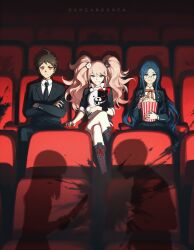 Rule 34 | 1boy, 2girls, a1285166690, absurdres, ahoge, bear hair ornament, black boots, black jacket, black necktie, black pants, black suit, blonde hair, blue hair, boots, brown hair, collared shirt, danganronpa: trigger happy havoc, danganronpa (series), danganronpa 3 (anime), danganronpa v3: killing harmony, enoshima junko, food, formal clothes, green hair, grin, hair ornament, highres, hinata hajime, holding, holding food, jacket, knee boots, knife, monokuma, movie theater, multiple girls, neck ribbon, necktie, pants, popcorn, red eyes, red ribbon, ribbon, shadow, shirogane tsumugi, shirt, sitting, smile, suit, teeth, twintails, white shirt