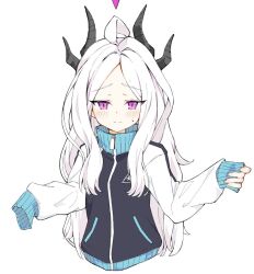 1girl :| ahoge black_horns black_jacket blue_archive blush closed_mouth cropped_torso demon_horns hina_(blue_archive) horns jacket long_hair long_sleeves looking_at_viewer multicolored_jacket official_alternate_costume oversized_clothes oversized_jacket purple_eyes r32532107 simple_background sleeves_past_fingers sleeves_past_wrists solo split_mouth sweatdrop track_jacket turtleneck turtleneck_jacket upper_body white_background white_hair zipper