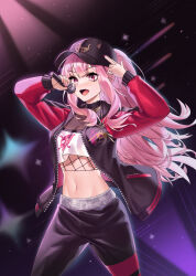 Rule 34 | 1girl, :d, absurdres, baseball cap, black hat, black jacket, black pants, black shirt, blurry, breasts, cleavage, commentary, cropped shirt, depth of field, fishnet top, fishnets, halter shirt, halterneck, hat, highres, holding, holding microphone, hololive, hololive english, jacket, long hair, microphone, midriff, mori calliope, mori calliope (streetwear), movcat, multicolored jacket, navel, official alternate costume, official alternate hairstyle, open clothes, open jacket, open mouth, pants, pink eyes, pink hair, pink nails, ponytail, red jacket, see-through cleavage, see-through clothes, shirt, skull and crossbones, skull print, smile, solo, sweatpants, tank top, tongue, two-tone jacket, virtual youtuber, white tank top, zipper