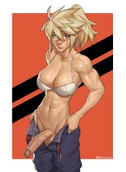 1futa abs ahoge belt biceps black_pants blanclauz blonde_hair blue_eyes border bra breasts commentary commission cross_scar english_commentary erection fingernails futanari g_(golgo) heterochromia highres large_breasts large_penis lips long_hair looking_at_viewer muscular muscular_female navel no_panties non-web_source nose open_belt open_fly orange_background original outside_border pants penis ponytail purple_eyes scar scar_across_eye scar_on_face scar_on_nose second-party_source solo testicles twitter_username uncensored underwear veins veiny_penis white_border white_bra