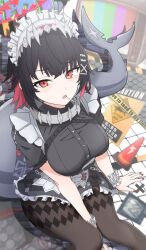 1girl between_legs black_dress black_hair black_pantyhose breasts colored_inner_hair commentary_request copyright_logo dress ellen_joe fins fish_tail hair_ornament hairpin hand_between_legs highres lollipop_in_mouth looking_at_viewer maid maid_headdress mole mole_under_eye multicolored_hair open_mouth pantyhose red_eyes red_hair shark_girl shark_tail sharp_teeth short_hair sign sitting solo tail teeth television traffic_cone two-tone_hair uchikata_takeaki white_headdress x_hair_ornament zenless_zone_zero
