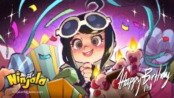 1girl ahoge ambiguous_gender aqua_bow birthday black_gloves black_hair blurry blurry_foreground blush bow box brown_pupils cake candle chocolate collared_jacket commentary confetti copyright_name copyright_notice drone_(ninjala) english_commentary eyelashes fingerless_gloves fire food fruit gift gift_box glasses gloves gungho halftone halftone_background happy_birthday high_collar holding holding_party_popper jacket jane_(ninjala) logo medium_hair ninjala nose official_art open_mouth outline own_hands_together party_popper polka_dot polka_dot_background popped_collar purple_outline rianti-wong second-party_source shuriken simple_background solo sparkle strawberry teeth upper_teeth_only watermark weapon web_address white-framed_eyewear yellow_bow yellow_eyes zipper