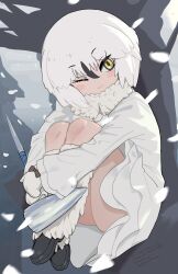 Rule 34 | 1girl, bird, bird girl, bird wings, black hair, black shoes, blush, coat, curled up, fur collar, fur leg warmers, fur trim, hair between eyes, head wings, highres, kemono friends, knees to chest, kunikuni (kunihiro2005), leg warmers, loafers, long coat, long sleeves, mittens, multicolored hair, one eye closed, owl, owl girl, shoes, short hair, sidelocks, snowy owl (kemono friends), solo, two-tone hair, white coat, white fur, white hair, white mittens, wings, winter clothes, winter coat, yellow eyes