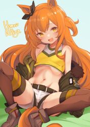 1girl animal_ears artist_name belt black_belt blush bomber_jacket bow breasts brown_jacket brown_shoes brown_thighhighs commentary crop_top ear_ribbon groin hair_between_eyes hair_ornament highres horse_ears horse_girl jacket leaning_back long_hair looking_at_viewer mayano_top_gun_(umamusume) midriff navel off_shoulder open_clothes open_jacket open_mouth orange_eyes orange_hair puddinghomhom shirt shoes short_shorts shorts signature sitting sleeveless sleeveless_shirt small_breasts smile solo spread_legs thighhighs two_side_up umamusume white_shorts yellow_shirt
