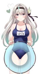 1girl alternate_costume black_ribbon blue_one-piece_swimsuit blush breasts brown_hairband cleavage collarbone covered_navel firefly_(honkai:_star_rail) gradient_hair green_pupils grey_hair hair_between_eyes hair_intakes hair_ornament hair_ribbon hairband heart highres holding_tube honkai:_star_rail honkai_(series) large_breasts multicolored_eyes multicolored_hair name_tag niwashi_nero one-piece_swimsuit ribbon school_swimsuit simple_background smile swimsuit tube twitter_username two-tone_eyes white_background