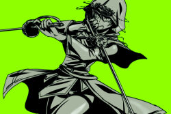 1girl bike_shorts capelet commentary_request covering_own_mouth cowboy_shot detached_sleeves dragon_quest dragon_quest_x dual_wielding floating_clothes green_background greyscale_with_colored_background holding holding_sword holding_weapon hood hood_up kamil_(dq10) looking_at_viewer looking_to_the_side looking_up ozogori_(user_tzaz2447) rapier solo sword weapon