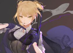 1girl blonde_hair breasts brown_background cigarette clothes_grab collared_shirt girls&#039;_frontline green_eyes holding_baton_(weapon) jacket jacket_on_shoulders looking_at_viewer necktie necktie_grab neckwear_grab purple_necktie shirt signature simple_background sleeves_rolled_up smoking solo toned toned_female twisted_torso upper_body welrod_mkii_(girls&#039;_frontline) white_shirt yoimon