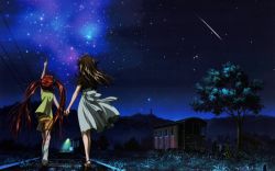 Rule 34 | 00s, air (visual novel), highres, michiru (air), railroad tracks, red hair, shorts, toono minagi, twintails