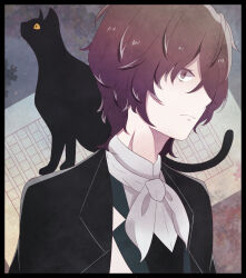 1boy animal black_border black_cat black_coat border brown_hair bungou_stray_dogs cat closed_mouth coat edgar_allan_poe_(bungou_stray_dogs) expressionless genkou_youshi grey_eyes highres jacket kkknave0x0 male_focus neckerchief paper shirt solo upper_body