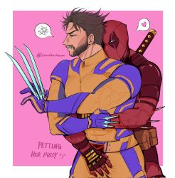 2boys animification beard bodysuit brown_hair claw_(weapon) deadpool deadpool_&amp;_wolverine deadpool_(series) facial_hair fmewithachansaw hand_on_another&#039;s_crotch hashtag-only_commentary heart highres hug hug_from_behind impaled katana male_focus marvel marvel_cinematic_universe mask multiple_boys muscular muscular_male pectorals pink_background red_bodysuit red_mask short_hair spoken_heart spoken_squiggle squiggle stab superhero_costume sword teeth twitter_username two-tone_bodysuit v-shaped_eyebrows weapon weapon_on_back wolverine_(x-men) x-men yaoi yellow_bodysuit