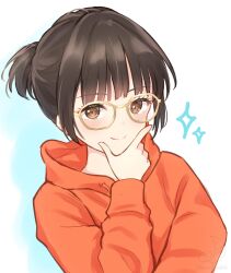 Rule 34 | 1girl, absurdres, animification, blue background, blush, brown-framed eyewear, brown eyes, brown hair, closed mouth, commentary request, glasses, hanazora satsuki, hand on own chin, highres, hood, hoodie, long sleeves, looking at viewer, nirei nozomi, orange hoodie, ponytail, real life, short hair, short ponytail, sidelocks, smile, solo, sparkle, upper body, voice actor