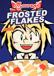 1girl black_hair blonde_hair cereal commission english_text food frosted_flakes fruit highres looking_at_viewer milk multicolored_hair open_mouth parody setz smile solo strawberry toramaru_shou touhou two-tone_hair