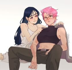 2girls alien_stage belt black_belt black_hair blanket burn_scar closed_mouth commentary crop_top dress english_commentary glasses grey_pants highres holding holding_blanket jun_(lettuccine) long_hair mizi_(alien_stage) multiple_girls navel pants purple_eyes scar scar_on_arm scar_on_face shirt signature sitting sleeveless sleeveless_dress sleeveless_shirt sleeveless_turtleneck smile spaghetti_strap spread_legs sua_(alien_stage) toned toned_female turtleneck turtleneck_shirt uneven_eyes very_long_hair white_dress