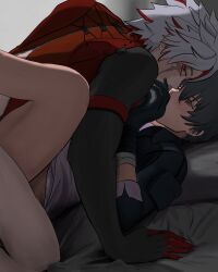 2boys absurdres all_fours artist_name bandaged_hand bandages bed black_gloves black_hair black_jacket claws coat covered_mouth feet_out_of_frame gloves grey_hair hair_between_eyes hand_up highres implied_sex jacket leg_up long_sleeves looking_at_another looking_at_viewer looking_up lying male_focus male_rover_(wuthering_waves) multicolored_hair multiple_boys nyleonst on_back on_bed one_eye_closed open_clothes open_jacket pillow red_coat red_eyes red_hair rover_(wuthering_waves) scar scar_(wuthering_waves) scar_across_eye scar_on_face sex shirt short_hair simple_background t-shirt two-tone_hair white_background white_shirt wuthering_waves yaoi yellow_eyes