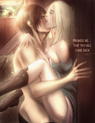 1boy 1girl absurdres against_wall barn black_hair blonde_hair blue_eyes blush boots clothed_female_nude_male clothed_sex english_text eren_and_historia_(attack_on_titan) eren_yeager evening haystack hetero highres hug indoors krista_lenz muscular muscular_male nude open_mouth sex shingeki_no_kyojin sucubuss_art sweat unworn_boots