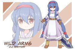 1girl anastasia_valeria argetlahm belt blue_hair boots brown_boots brown_gloves closed_mouth copyright_name dress full_body gloves hairband hazuki_(hazuki009) highres holding holding_sword holding_weapon legs_apart long_hair looking_at_viewer low-tied_long_hair mole mole_under_eye no_nose purple_dress red_eyes red_hairband reverse_grip smile solo sphere_hair_ornament standing sword twintails weapon wild_arms wild_arms_2 zoom_layer