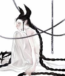 1girl absurdly_long_hair bare_shoulders black_hair braid braided_sidelocks claws dress expressionless hair_horns highres knees_to_chest long_hair opood original pointy_ears profile sitting solo twin_braids very_long_hair white_dress