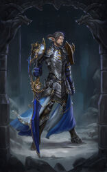Rule 34 | 1boy, absurdres, armor, beard, breastplate, elf, facial hair, full body, green eyes, grey hair, greyevilowl, highres, holding, holding sword, holding weapon, looking to the side, original, paladin, pauldrons, pointy ears, shoulder armor, solo, standing, sword, weapon